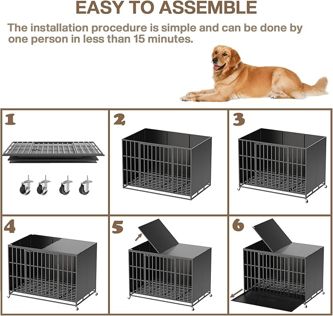 LEMBERI 48/42 inch Heavy Duty Indestructible Dog Crate, High Anxiety Extra Large Dog Cage for Large Dogs, XL Steel Escape Proof Dog Kennel with Wheels and Removable Tray