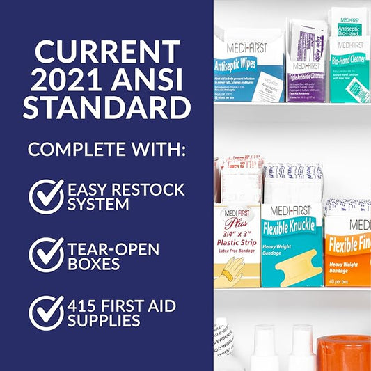 MFASCO OSHA/ANSI 2021 Class B Compliant First Aid Cabinet - Large 3-Shelf Wall Mount Kit for Office, Commercial Businesses - Complete Metal First Aid Box with Supplies - No Medications