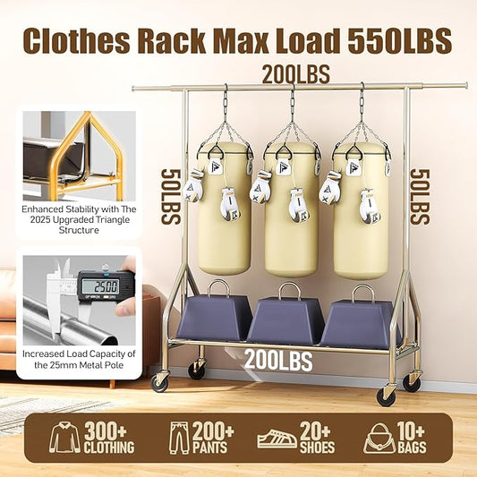 Heavy Duty Clothes Rack Load 500 LBS,Clothes Clothing Racks for Hanging Clothes with Lockable Wheels & Stable Shelves, Rolling Garment Wardrobe Portable Closet Rack,Sliver