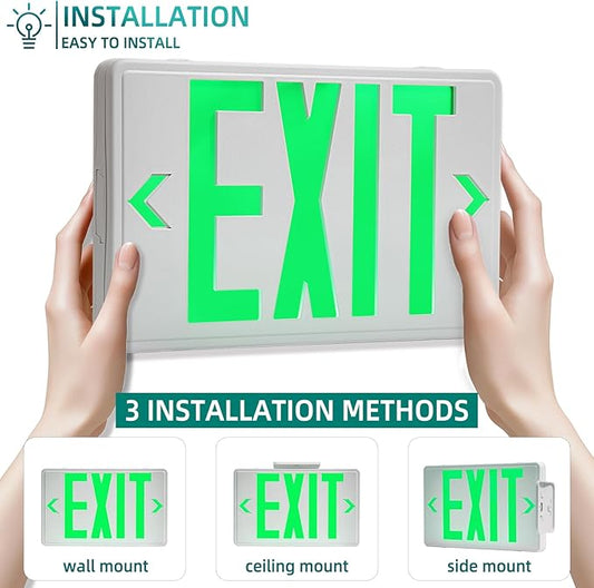 Green Exit Sign, LED Emergency Exit Sign with Battery Backup, Commercial Emergency Exit Light Combo for Business, 2 Adjustable Heads,120V/277V AC, UL-Listed, 4 Pack