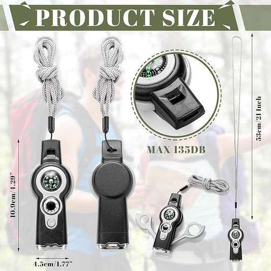 12 Pack Emergency Survival Whistle 7-in-1 Compass Hiking Survival Safety Whistle with Lanyard Outdoor Multifunctional Tool Ideal for Hiking Camping Rescue Signaling