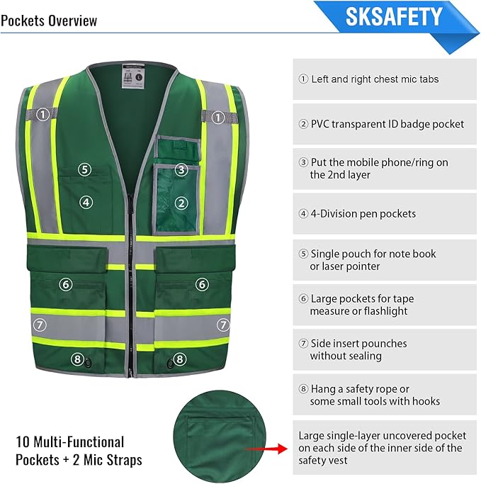 SKSAFETY 10 Pockets Safety Vest, Class 2 High Visibility Security with Zipper, Hi Vis Vest with Reflective Strips, ANSI/ISEA Standard, Construction Work Vest for Men & Women (Green,XL)