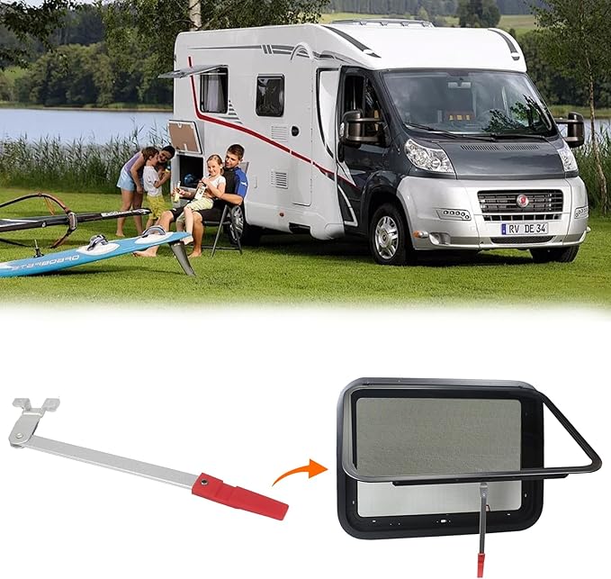 RV Emergency Window Latch, Aluminum RV Emergency Exit Window Latch Replacement, Camper Exit Window Lock, Window Support Holder with Red Handle for Travel Trailer