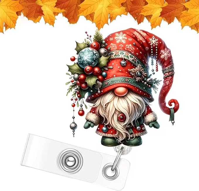 Christmas Gnome Badge Holder Christmas Badge Reel Gnome Holly Nurse Badge Holder with Alligator Clip Cute Cartoon Xmas Badge Reels Retractable ID Name Badge Clips for Nurse Teacher Office Decoration