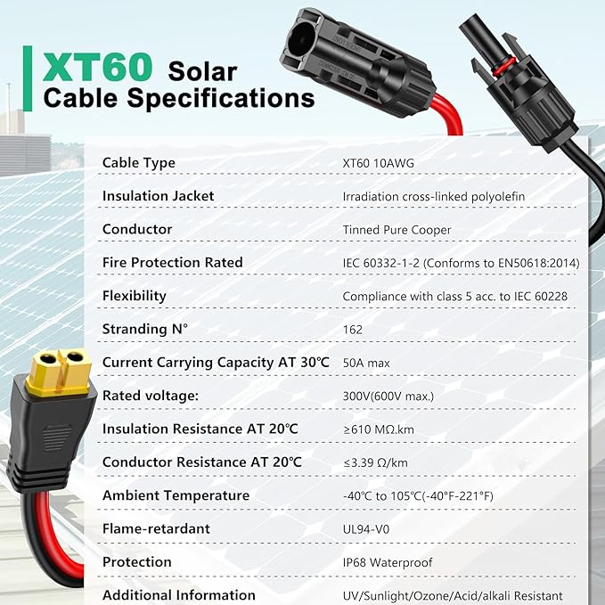 10AWG XT60 Solar Cable 20FT, Solar to XT60 Cable 3 10 15 25 30 40 50FT, Solar Panel Connector to XT60 Extension Cable, XT60 Charging Cable for Portable Power Station Generator - 20Ft