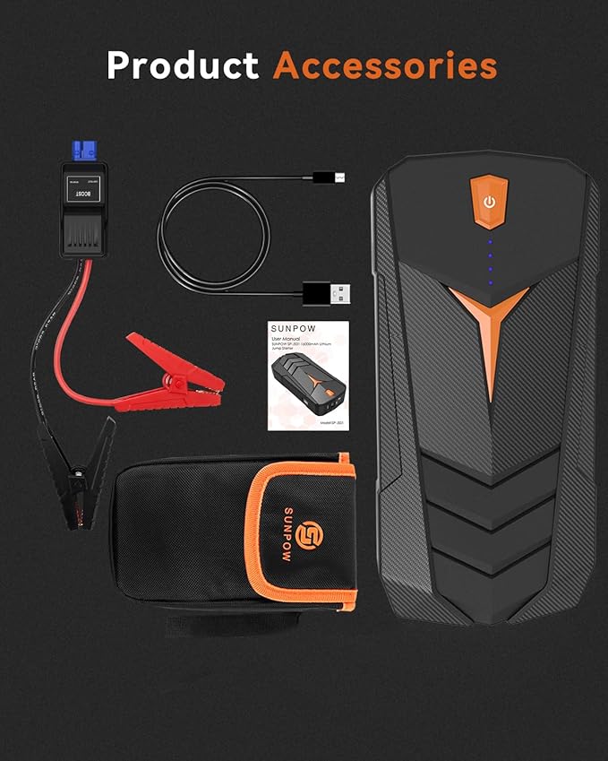 Jump Starter, SUNPOW 1500A Peak Car Starter for Up to 8L Gas or 6.0L Diesel Engine, 12V Auto Lithium Battery Booster for Cars, Trucks, SUV, Portable Power Pack Jump Box with LED Light