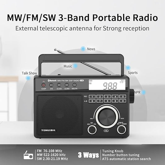 Portable Shortwave MW FM Radio with Bluetooth, ATS Tuning, Clock & Alarm, Recording, MP3/WMA Playback via USB/SD Card, Battery Operated Radio with LCD Display
