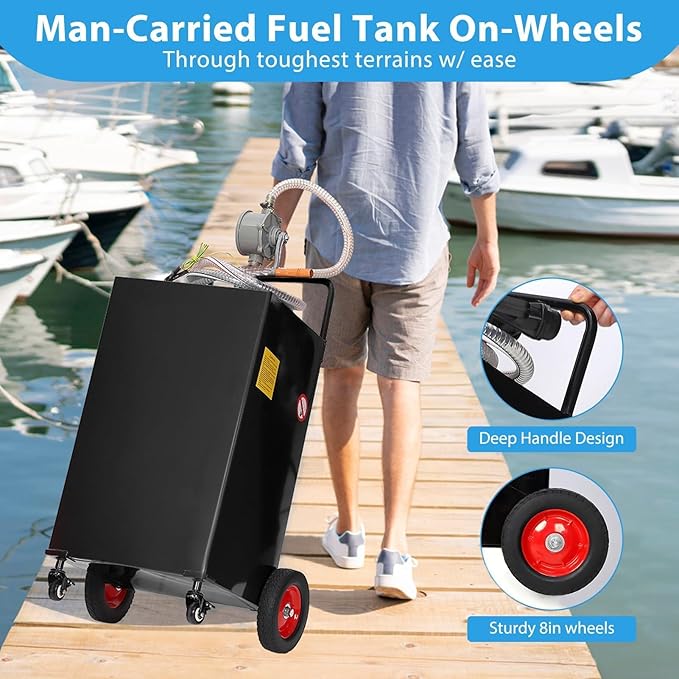 35 Gallon Fuel Caddy with Manual Pump, Heavy Duty Portable Gas & Diesel Transfer Tank on 4 Wheels, Spill-Proof Container for Truck, Tractor, Boat, ATV, Farm,Orange