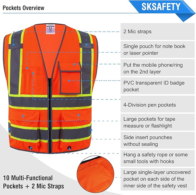 SKSAFETY 10 Pockets Safety Vest, Class 2 High Visibility Security with Zipper Back Mesh, Hi Vis Vest with Reflective Strips, ANSI/ISEA Standard, Construction Work Vest for Men & Women (Orange, 4XL)