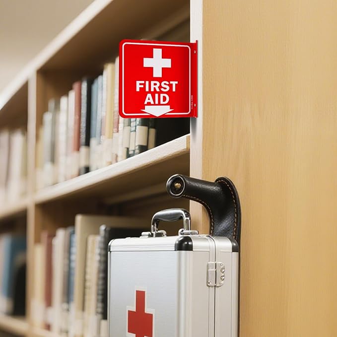 GicnKeuz First Aid Sign, 6" x 6" First Aid with Cross Symbol, Two-Sided Acrylic L-Sign for Business or Office or Wall Décor, Including Screws, Easy to Install (2 Pack)