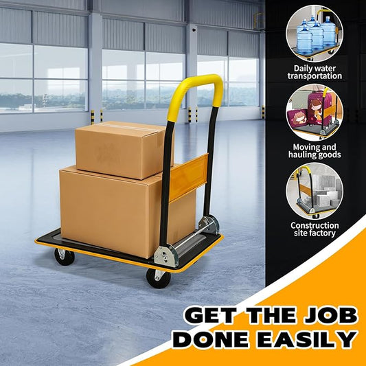 Yellow Folding Platform Hand Truck 330 lbs Capacity, Heavy Duty Flatbed Cart with 360° Swivel Silent Wheels, Non-Slip Steel Dolly for Warehouse, Office, or Home – Foldable Design