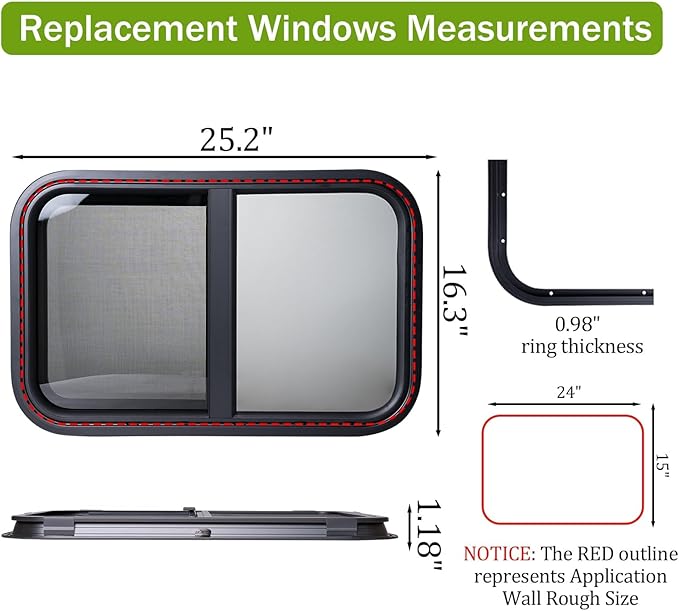 24"x15" RV Sliding Window - Horizontal Teardrop Style, DOT-Certified Tempered Glass & Trim Kit, Aluminum Alloy Frame w/Mesh Screen