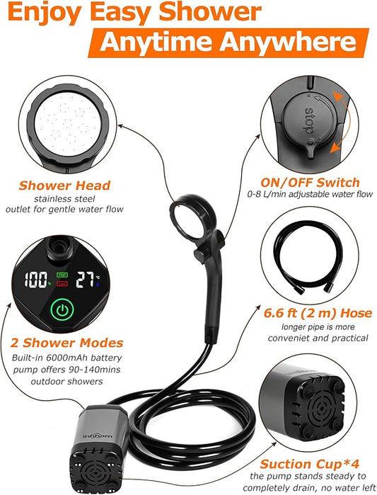 innhom Portable Camping Shower, 6000mAh Rechargeable Camp Shower Pump with LED Display, 2 Mode Electric Portable Shower for Camping, Hiking, Travelling, Washing