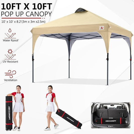 ABCCANOPY Outdoor Pop up Canopy Tent, 10x10 Instant Portable Canopy for Camping, Beach, Backyard, Beige