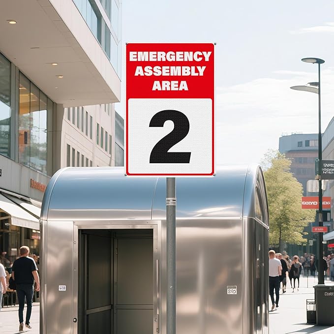 2 Pack Emergency Assembly Area 2 Sign 18 × 12 Inches Aluminum Metal Reflective Safety Signage with Pre-Drilled Holes for Business Construction Site Warehouse