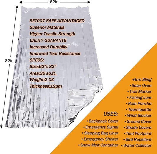 12-Pack Emergency Mylar Thermal Blankets, 82"x62" Space Blankets Foil Blanket, XL Camping Blanket for Outdoors, Hiking, Survival kit, Bug Out Bag,Marathons or First Aid, Silver