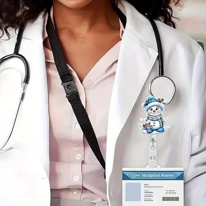Snowman Badge Reel Winter Snowman Badge Holder with Alligator Clip, Retractable Acrylic Badges Reels ID Name Badge Clip for Nurse Nursing Student Hospital Office Teacher Holiday Badge Accessories