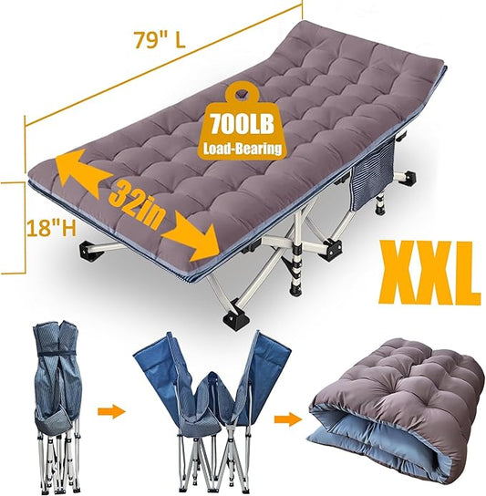 Extra Wide XXL Camping Cot with Comfortable Mattress Cots for Sleeping Folding Cot Camping Bed 79" L x 32" W x 18" H Heavy Duty with Carry Bag Outdoor Indoor