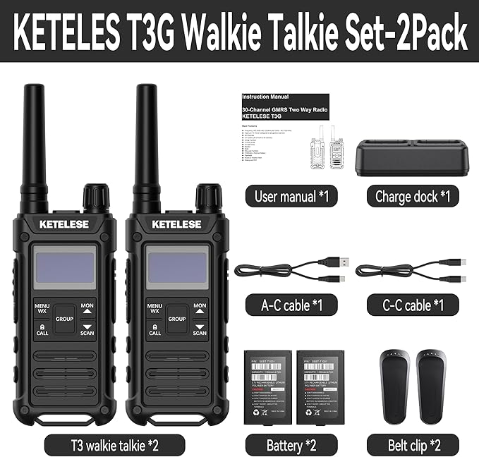 KETELESE T3G Heavy Duty Walkie Talkies for Adults, IP67 Waterproof Long Range 2 Way Radio, with Earpiece and Mic, Type-C Charge Dock&Cable, VOX, NOAA, PTT, Group 2 Pack, Black/Grey