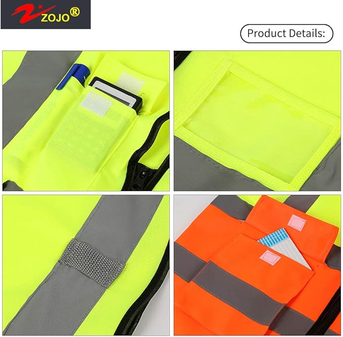 zojo High Visibility Safety Vests With Pockets, Pack of 10,Wholesale Reflective Vest for Outdoor Works, Cycling, Jogging, Walking,Sports - Fits for Men and Women (XL-Mix Yellow & Orange)