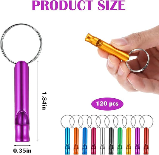 120 Pieces Aluminum Emergency Whistle, Kids Safety Whistle With Keychain, Whistles For Adults Emergency, 6 Colors Hiking Whistle Survival Whistle, For Camping, Hiking, Boating, Hunting, Fishing
