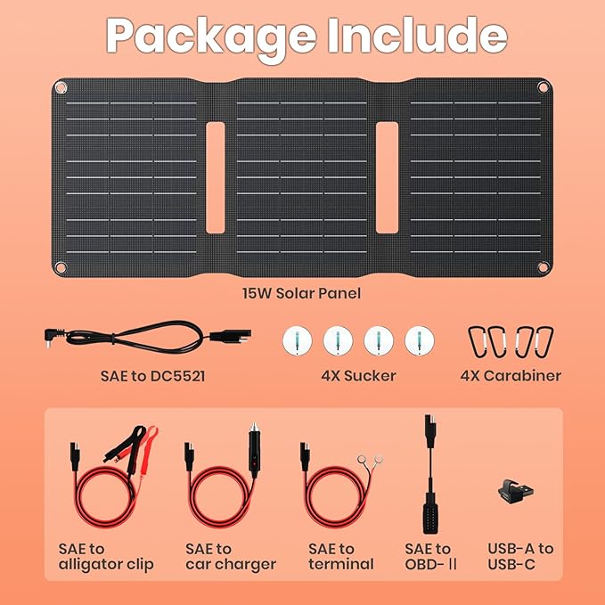 FlexSolar 15W Foldable Solar Panel Trickle Charger Maintainer Kits - 12V DC & USB Output with Built-in Controller Includes Cigarette Lighter, Alligator Clips, O-Rings,OBDII Connector for Car, Truck