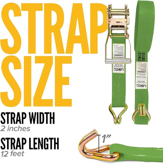 US Cargo Control Wire Hook Ratchet Straps 2 Inch x 12 Foot (10-Pack), 10,000 LBS Break Strength, Ratchet Straps Heavy Duty with Double J Hooks, Green Cargo Tie Downs for Flatbed Trailers and Trucks