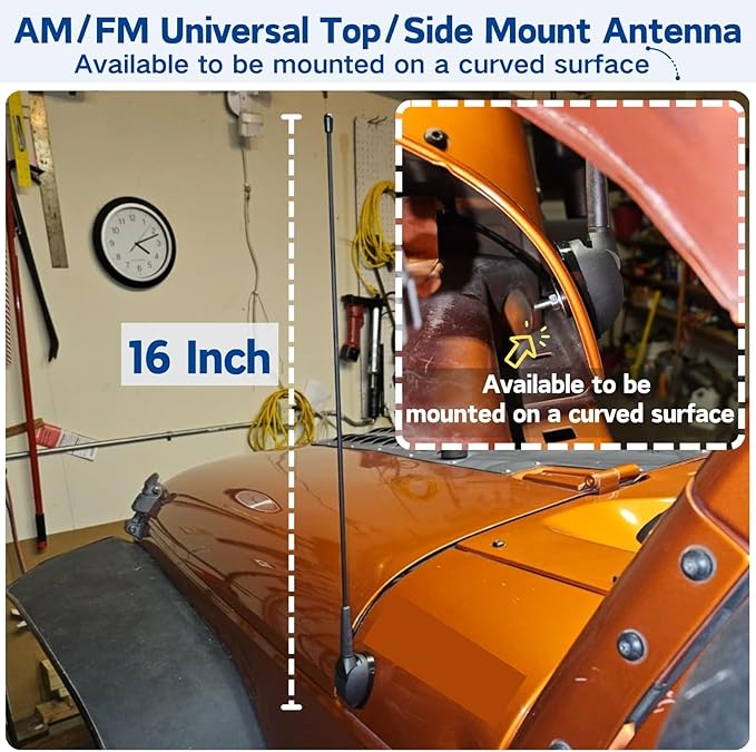 Anina 16 Inch AM/FM Universal Top/Side Mount Antenna for Vehicle Truck Boat ATV UTV RV Motorcycle, 16" Car Radio Aerial Replacement Mast w/Mount Base and Extension Cable for Stereo Receiver Head Unit