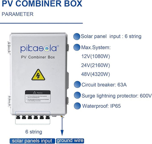 Pikasola PV Combiner Box, 6 String Solar Combiner Box with 15A LED Fuse, Lightning Arreste and 63A Air Circuit Breaker,Combiner Box for Solar Panel On/Off Grid System, IP65 Water Resistant