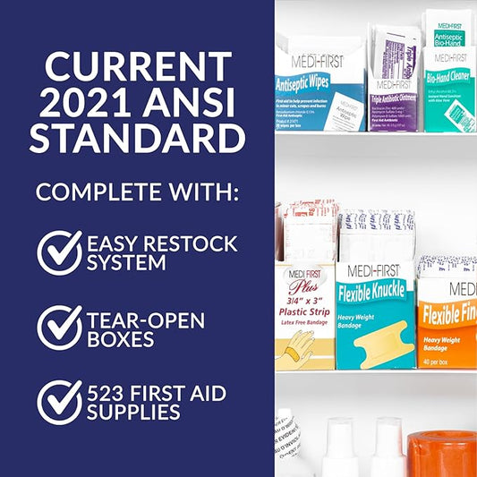 MFASCO 4 Shelf Commercial First Aid Kit, Type I & II, 2021 OSHA Approved,ANSI Z308.1-2021 Compliant, 528 pcs Latex-Free, Wall Mount Cabinet,No Medications,Easy Refilling Instructions, with Tourniquet