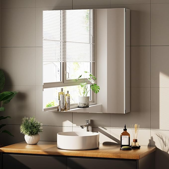 Bathroom Medicine Cabinet with Mirror, 16 Inch x 24 Inch Bathroom Mirror Cabinet with Single Door & Adjustable Shelves, Surface Mount or Recess Installation