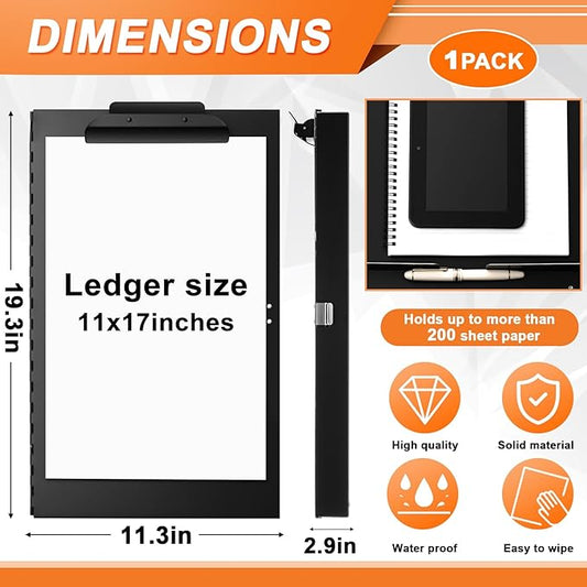 1 Pcs 11 x 17 Inch Aluminum Clipboard with Storage Metal Clipboard High Capacity Clip for Student Teacher Nurse, Black