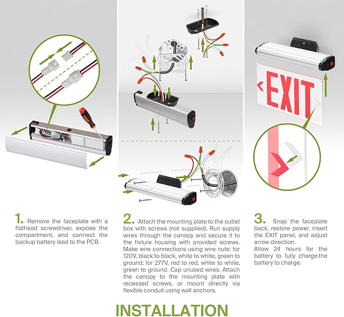 ASD LED Exit Sign with Battery Backup - 120/277V UL 3W Transparent Rotatable Emergency Exit Light for Business, Commercial Hardwired Damp Location Power Outage Lights, Red