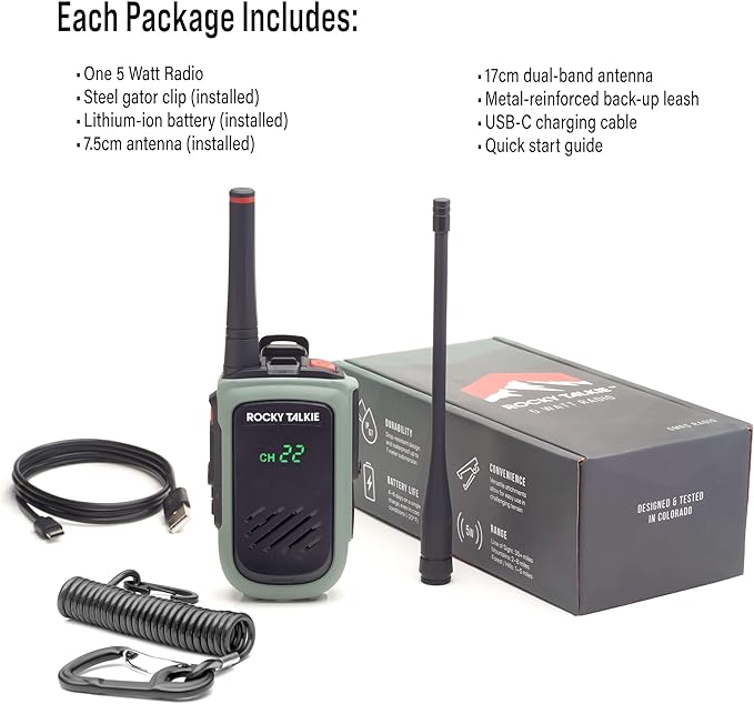 Rocky Talkie 5 Watt Radio - GMRS Radio with IP67 Waterproofing, Long Range Walkie Talkie, NOAA Weather Alerts, 5 Day Battery Life,1 Pack