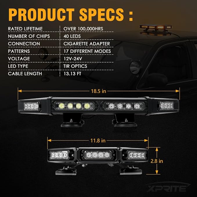 Xprite 18" Amber LED Emergency Rooftop Strobe Light Bar, Magnetic-Mounted Strobe Lights for Trucks, High-Intensity Warning Beacon for Tow, Construction, Snowplow, Patrol Vehicles