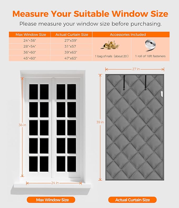 Window Insulation Kit for Winter Heavy Duty Reusable 27" x 39", Oxford Cloth Thermal Insulated Window Cover for Winter, Weatherproofing Window Insulation Kits to Keep Warm, Gray