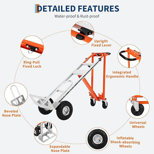 3 in 1 Convertible Hand Truck Dolly, 770 LBS Load Capacity Folding Cart with Wheels, Elastic Straps, Aluminum Collapsible Dolly Cart for Home, Warehouse, Supermarket, Office