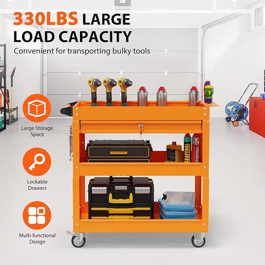 3 Tier Rolling Tool Cart with Drawers, Heavy Duty Utility Cart on Wheels, Large Storage Capability Service Cart for Garage, Warehouse and Repair Shop (Orange)
