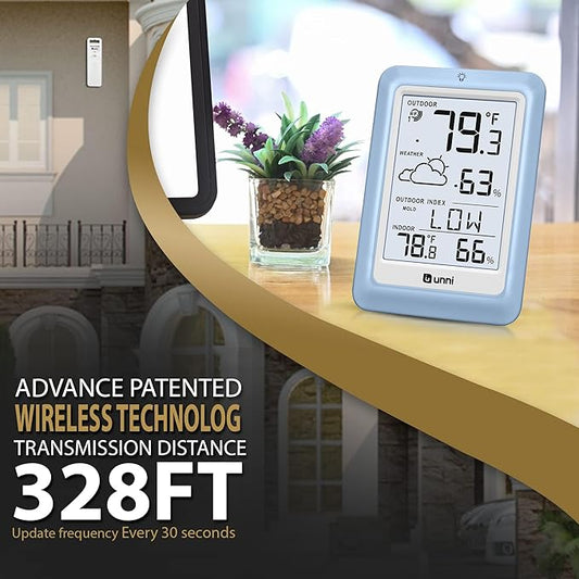 Indoor Outdoor Thermometer Wireless Weather Station, Temperature Humidity Monitor Battery Powered with 330ft Range Remote Sensor and Backlight Display(Light Blue)