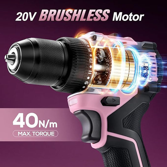 20V Brushless Cordless Lithium-Ion Drill Set, Compact Design, Pink Rechargeable Lithium-Ion Drill Kit, including 2.0Ah Battery, Charger and 3/8-inch Keyless Chuck (Pink)
