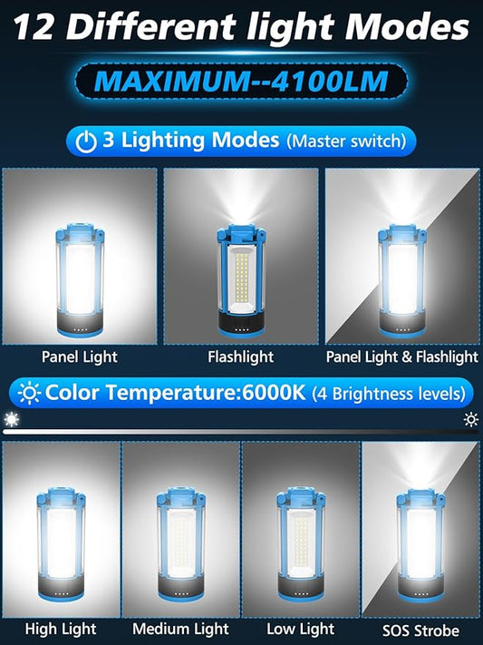 Camping Light with Stand, 4100LM Dimmable Cordless Work Light with 3 Modes, 4 LED Lamp Heads Magnetic Emergency Flashlight with Detachable Tripod
