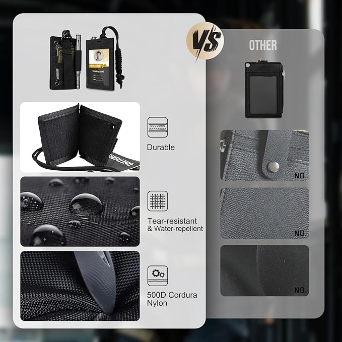 OneTigris Tactical ID Card Holder Hook & Loop Patch Badge Holder Neck Lanyard Key Ring and Credit Card Organizer (Black)