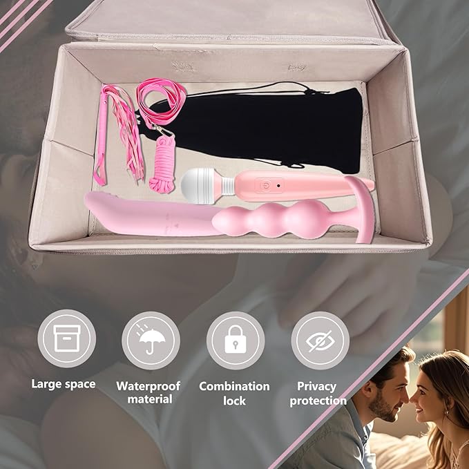 Locking Adult Game Toy Storage Organizer Lock Box Toy Storage Bins Women and Men Game Toys Storage Bags with 4 Drawstring Bags, Large capacity 16 x 11.8 x 8.2 Inches (Gray pink)
