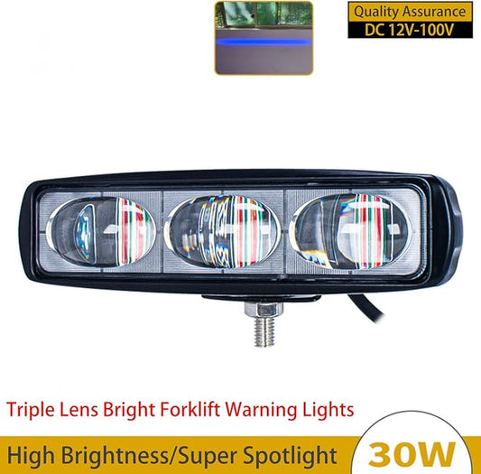 3-Lens High-Brightness Forklift Warning Light, Blue LED Forklift Safety Light, 30W DC 12V-100V, Adjustable Beam & Easy Installation for AGV, Warehouse & Industrial Vehicles (2Pcs)