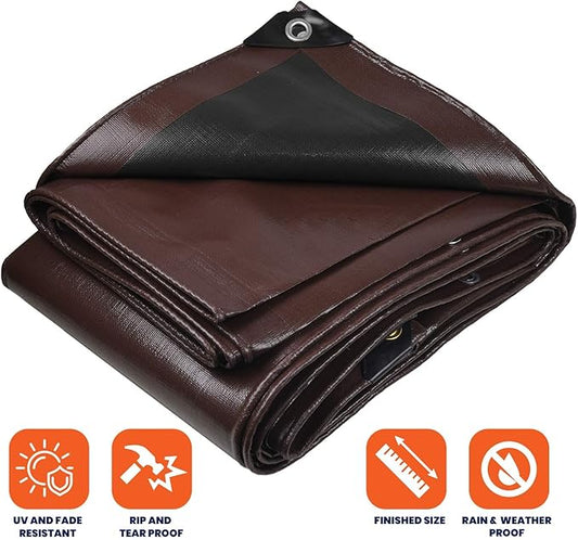 Tarpco Safety Extra Heavy Duty 14 Mil Tarp Cover, Waterproof, UV Resistant, Rip and Tear Proof, Poly Tarpaulin with Reinforced Edges for Roof, Camping, Patio, Pool, Boat (Brown/Black 50′ X 100′)