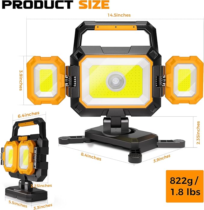 Yzoni LED Rechargeable Work Light, 40W 4000LM Magnetic Work Light with 6 Modes, Battery Powered Portable Mechanic Lights with 360°Rotate Foldable Design for Auto Car, Garage, Workshop
