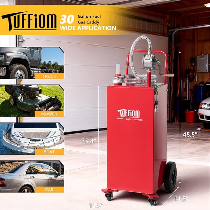 TUFFIOM 30 Gallon Portable Gas Caddy w/Swivel Wheels,Fuel Storage Tank, Gasoline Diesel Can with Fuel Transfer Rotary Hand Siphon Pump for Automobile ATV Car Mower Tractor Boat Motorcycle