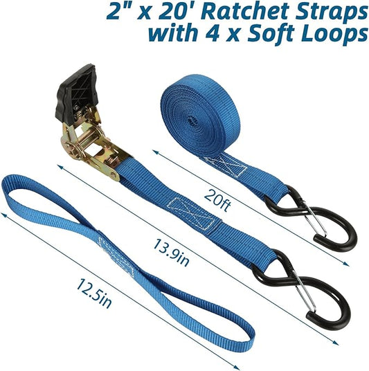 4Pack Ratchet Straps, 20Ft Ratchet Tie Down Straps, 1700 LB Break Strength Ratchet Cargo Straps with Safety Lock S Hooks & Soft Loops for Moving Cargo, Motorcycle, Appliances, Lawn Equipment