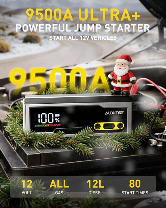 AUXITO 9500A Jump Starter, 12V Car Battery Jump Starter, Up to All Gas/All Diesel Engine with LED Display, 30W Type-C Fast Charging and 168W DC Output, 3-Mode Flashlight, Storage Case