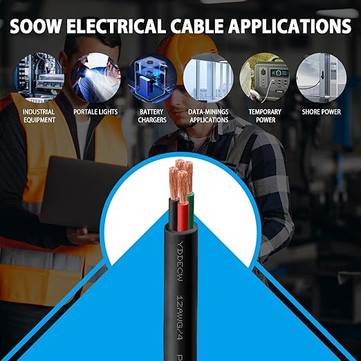 150ft 12/4 12 AWG Portable Power Cable (4 Conductor) - SOOW 600V 12 Gauge Electric Wire for Motor Leads, Portable Lights, Battery Chargers and Machinery - 4 Conductor - 150 Feet Electrical Cord